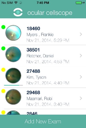 Ocular CellScope iPhone app: exam list with patient records and retinal thumbnails