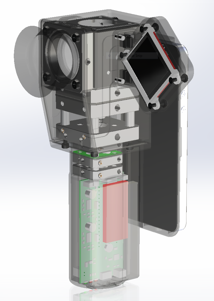 Mechanical design: Ocular CellScope CAD rendering with translucent housing showing internal chassis, optics, and electronics